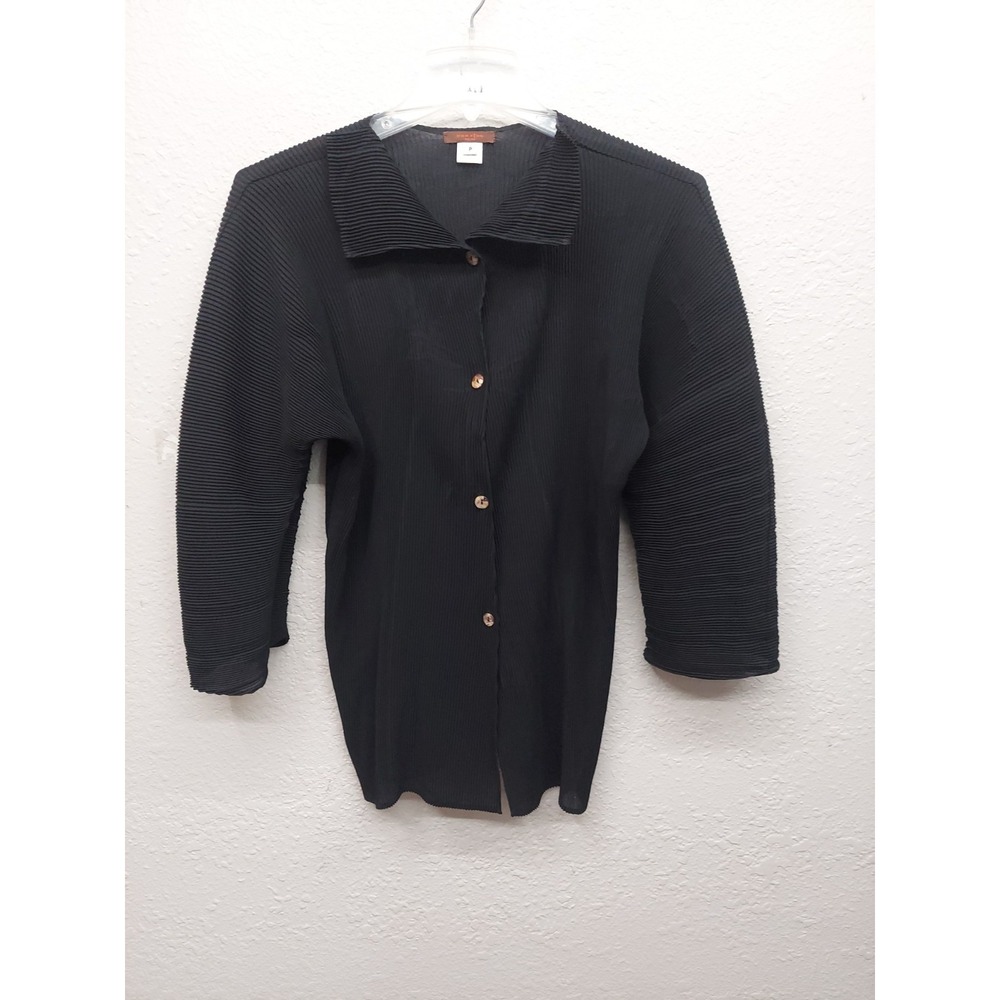 Han Feng Top Womens P Black Button Up Crinkle Stretchy Oversized Pleated Crinkly